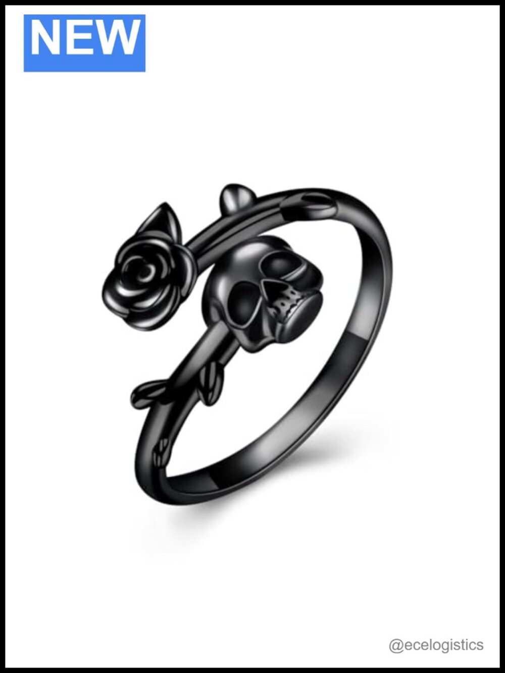 Sterling Silver Skull Rose Ring Adjustable Gothic